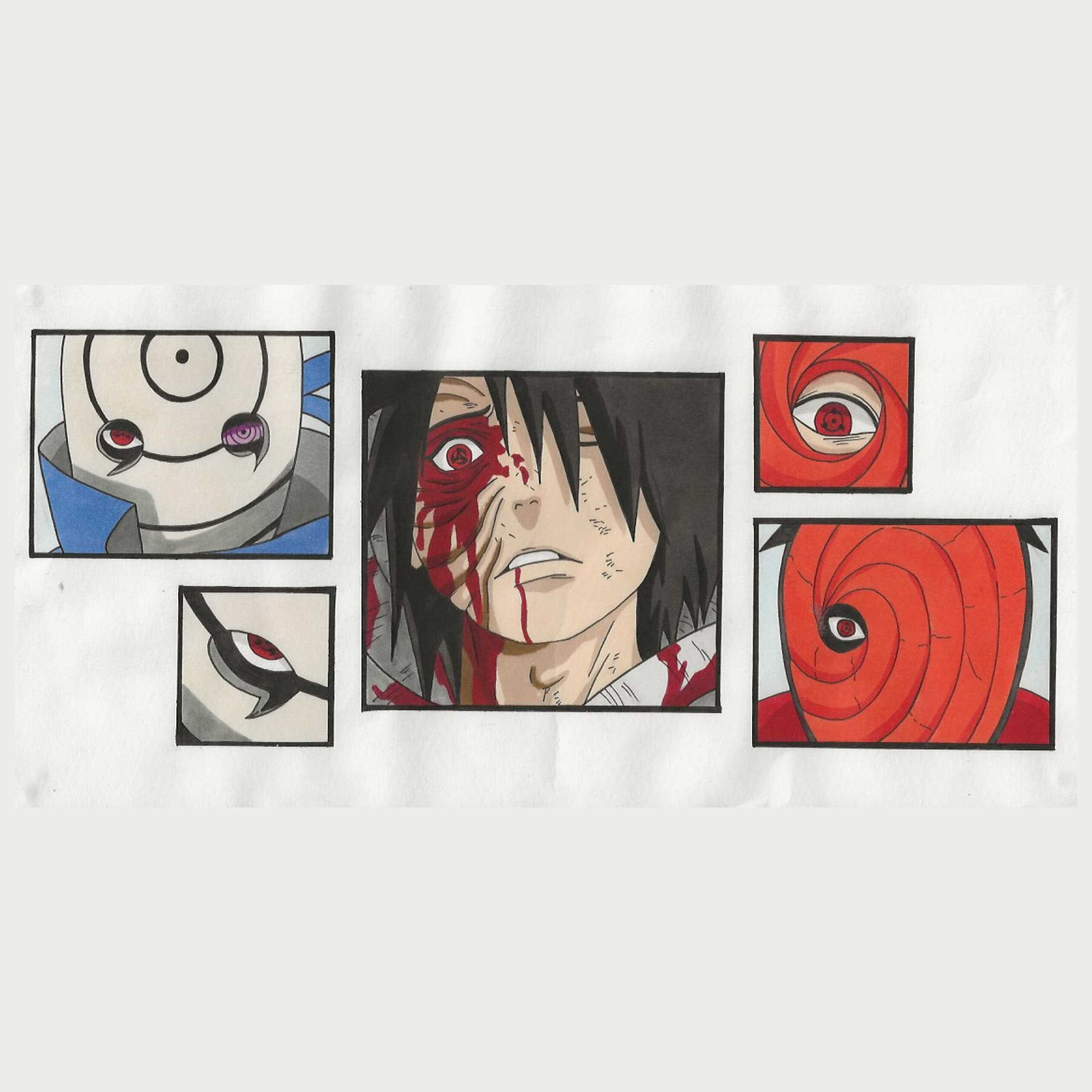 Dessin de différentes poses d'Obito du manga Naruto Shippuden