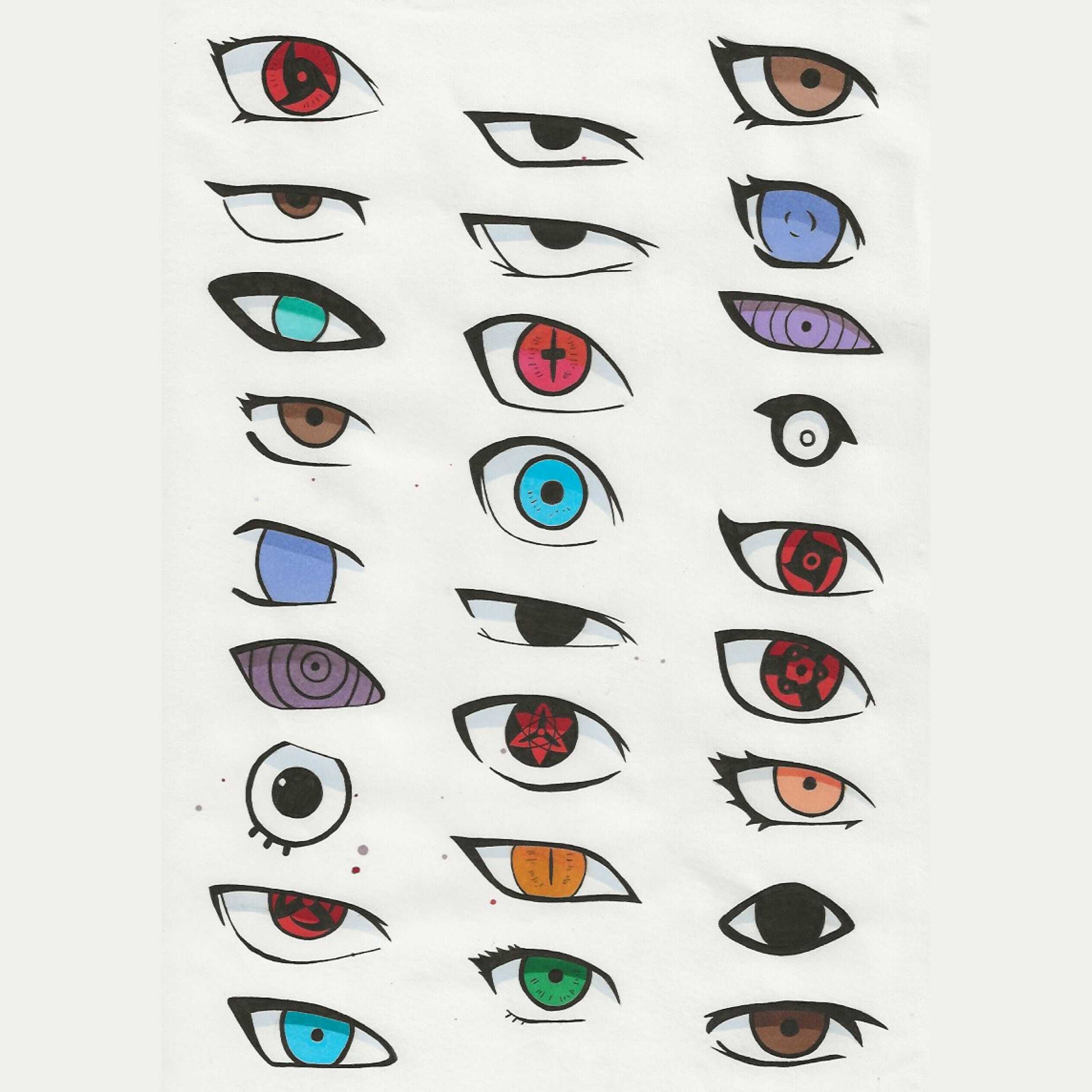 Dessin de différents yeux de personnages du manga Naruto Shippuden