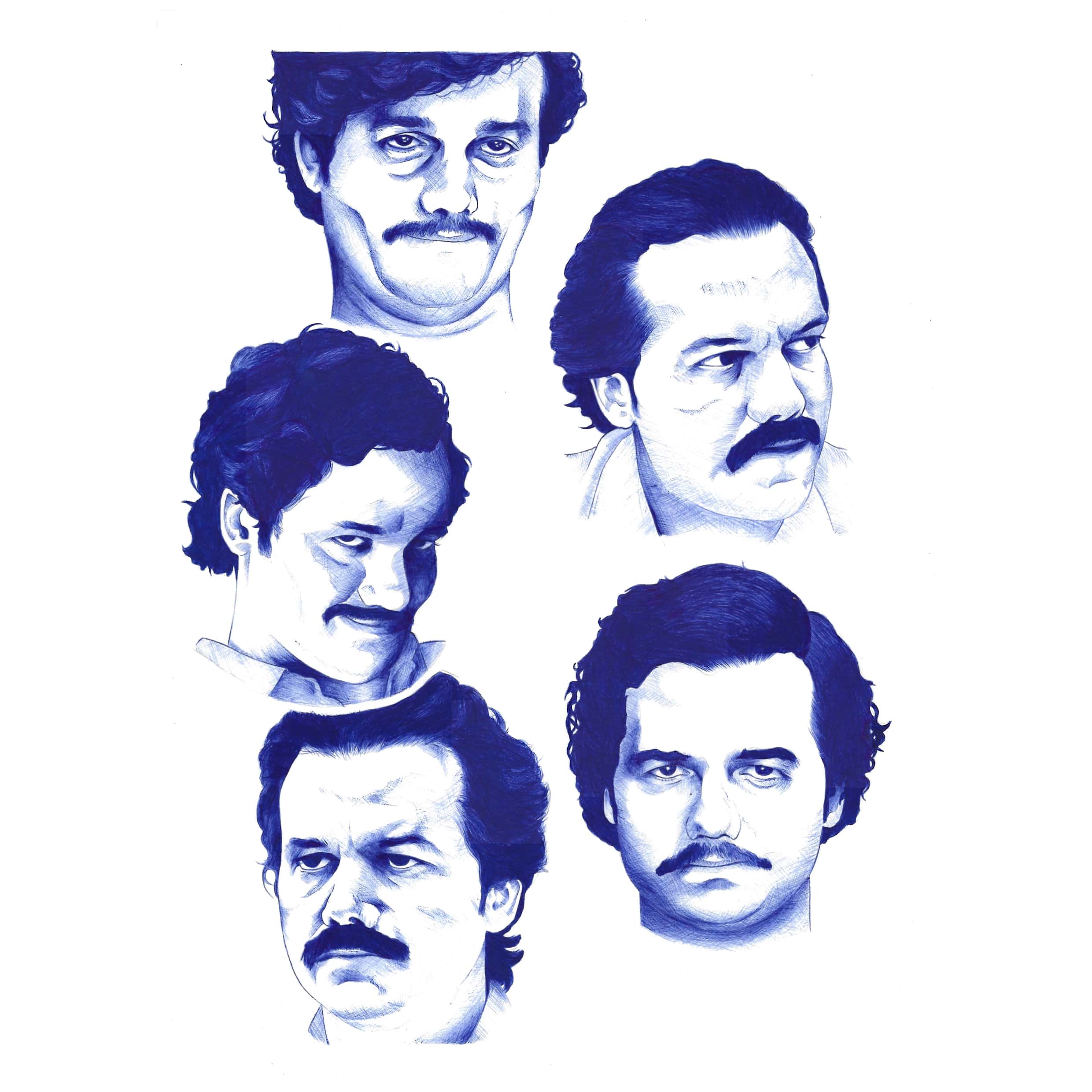 Dessin de différentes poses de Pablo Escobar de la série Narcos