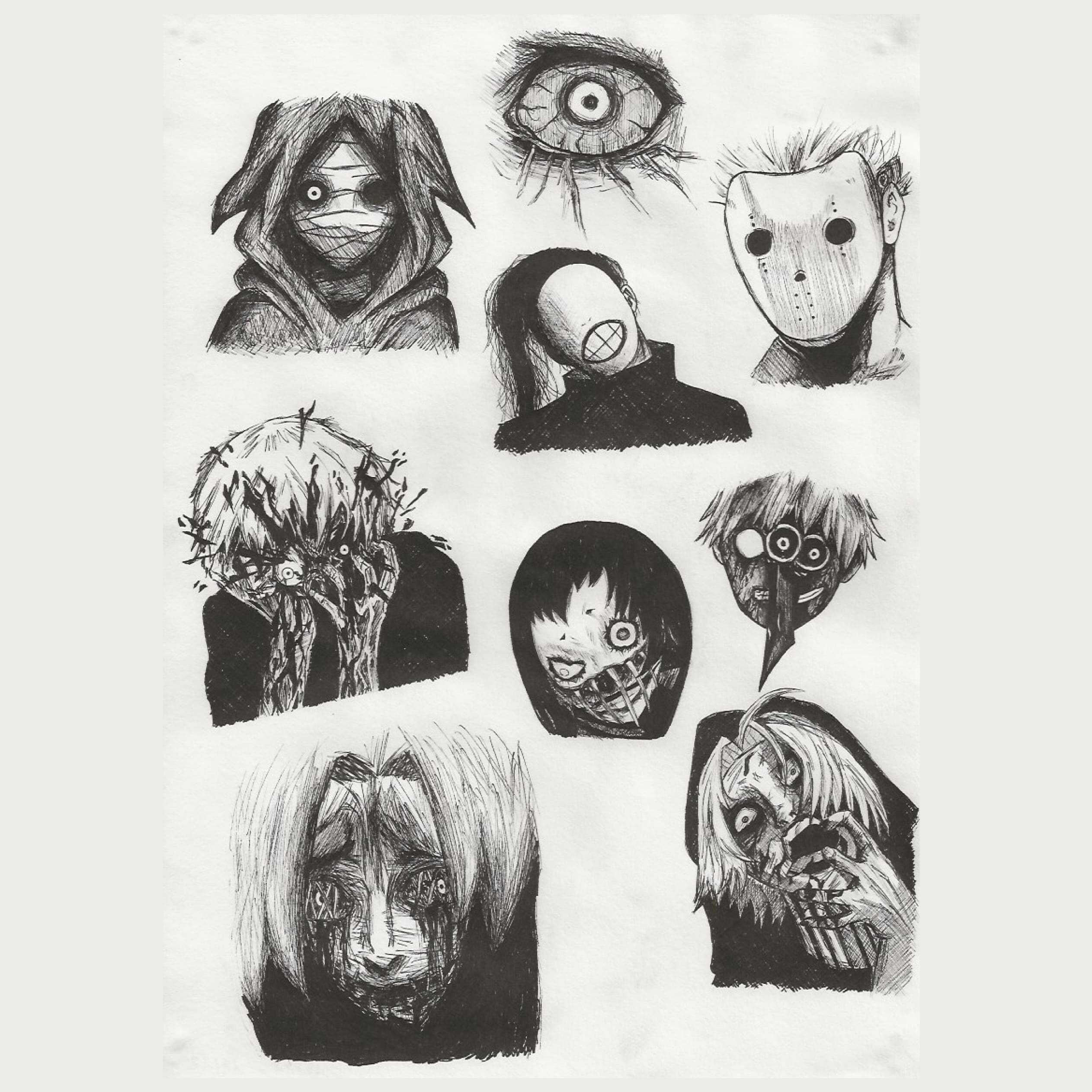 Dessin de divers personnages du manga Tokyo Ghoul