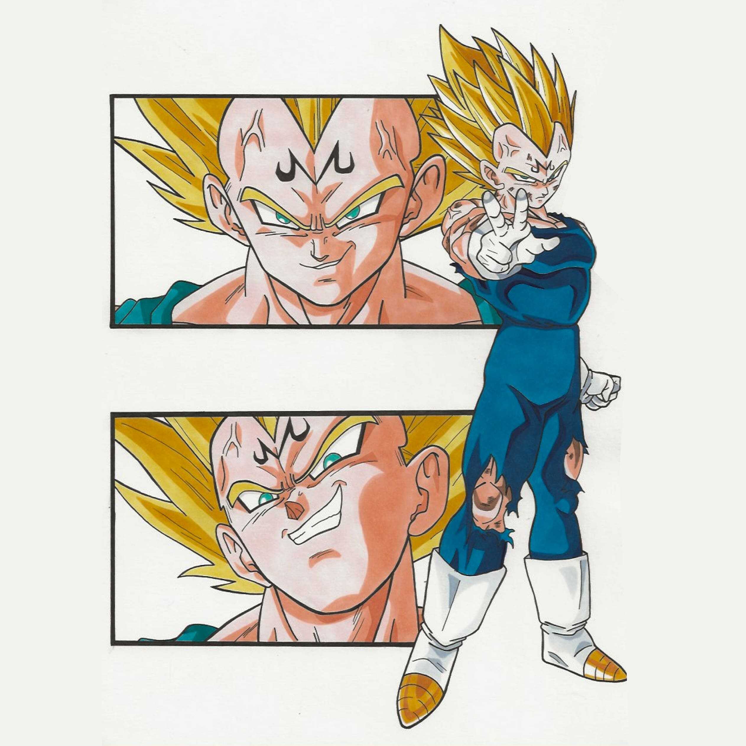 Dessin de différentes poses de Majin Vegeta du mange Dragon Ball Z