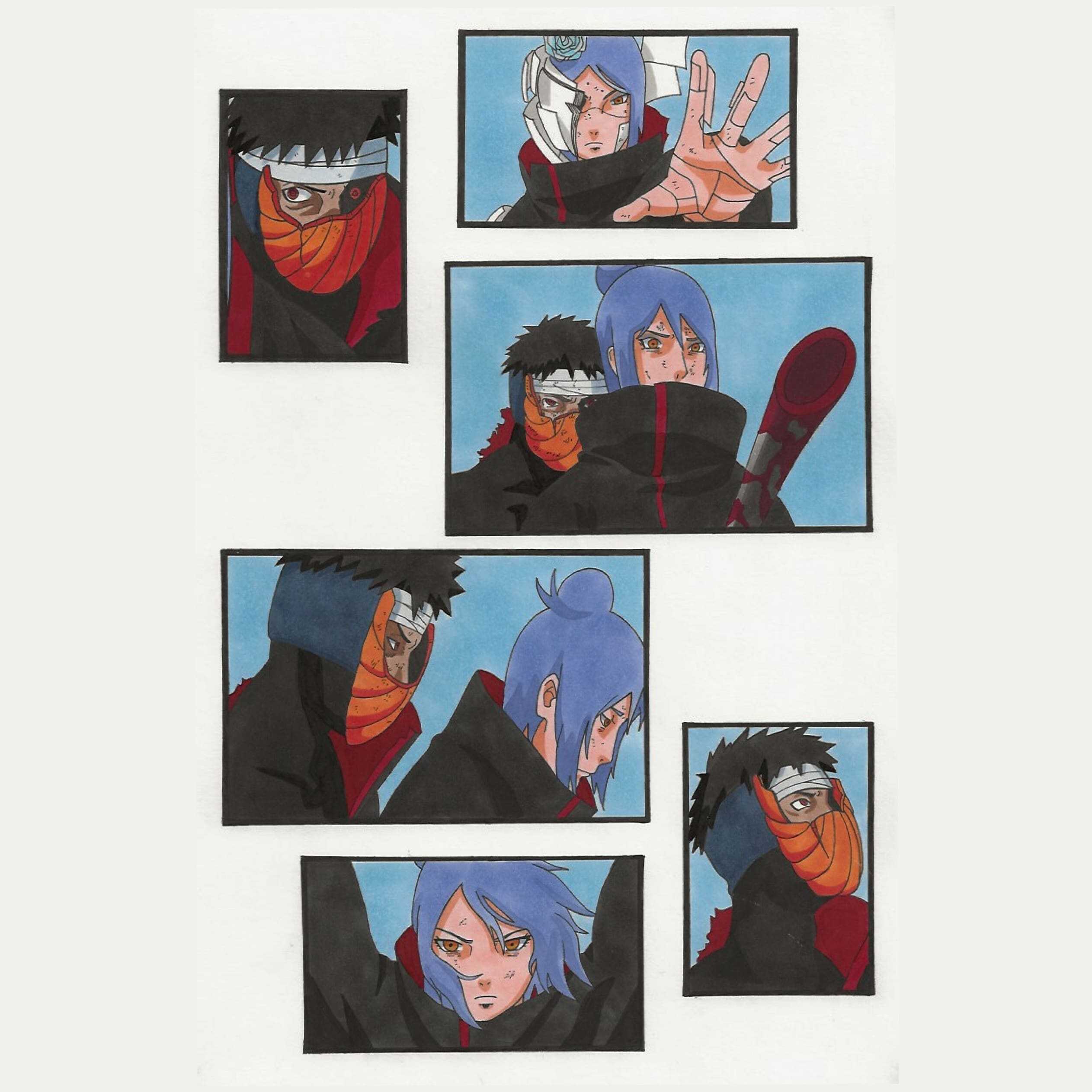 Dessin de différentes poses d'Obito et Konon du manga Naruto Shippuden