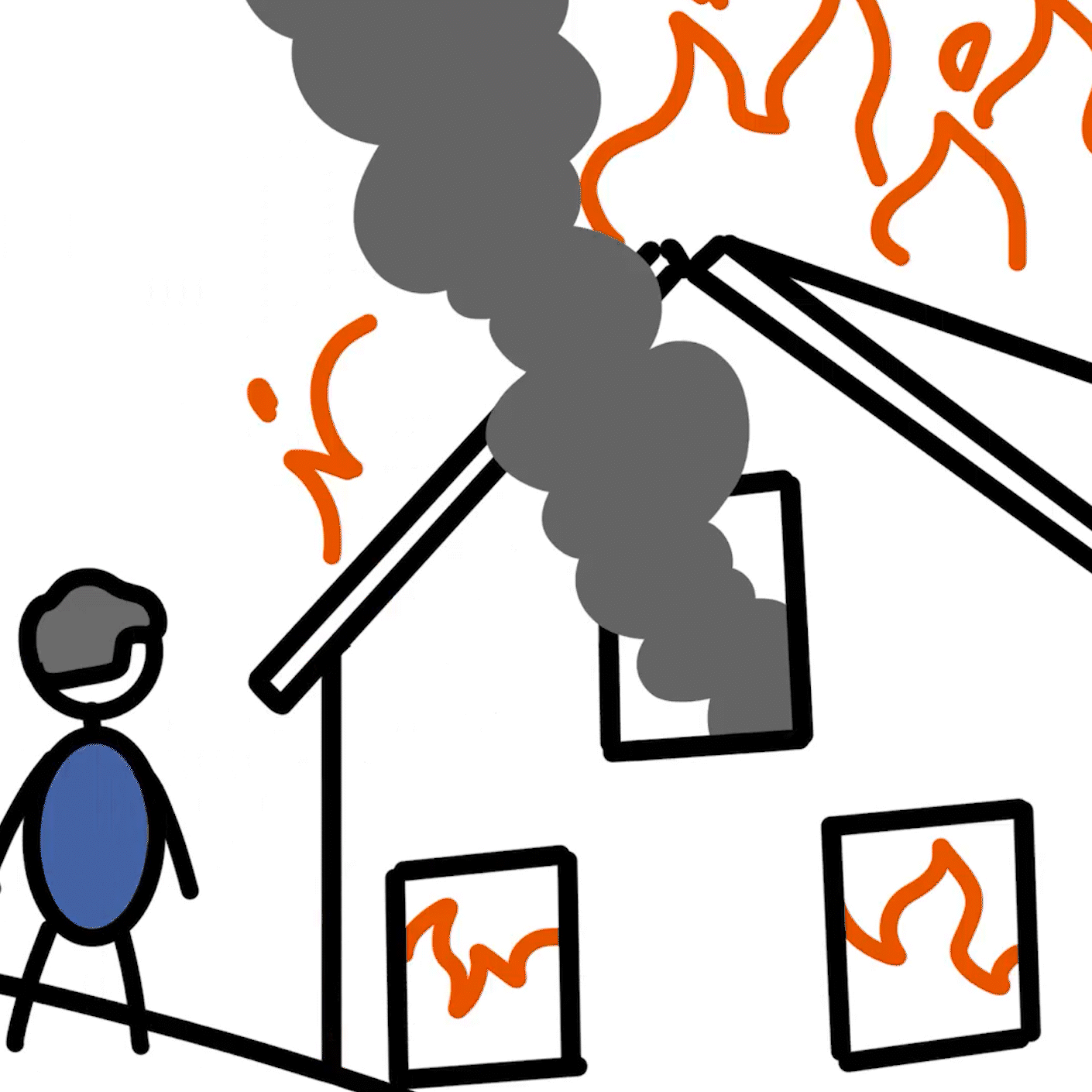 Dessin animé d'un personnage qui regarde une maison bruler