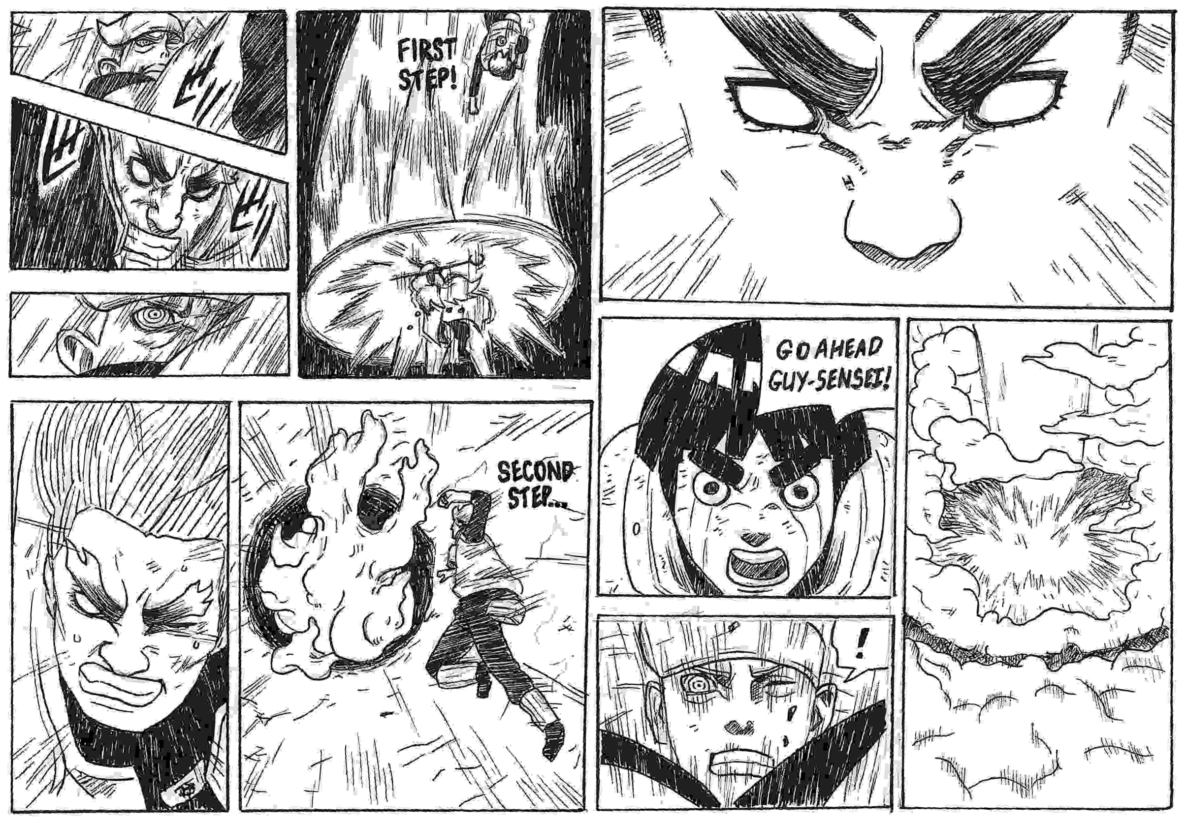 Première planche d'un dessin du combat de Gaï Maito contre Madara du manga Naruto Shippuden
