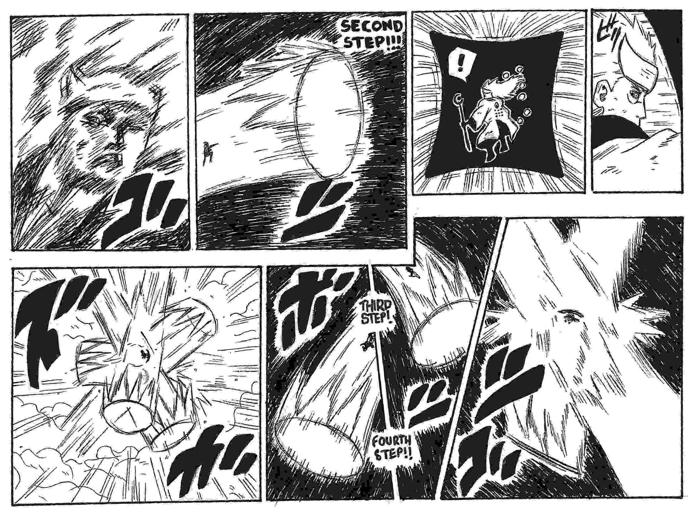 Quatrième planche d'un dessin du combat de Gaï Maito contre Madara du manga Naruto Shippuden