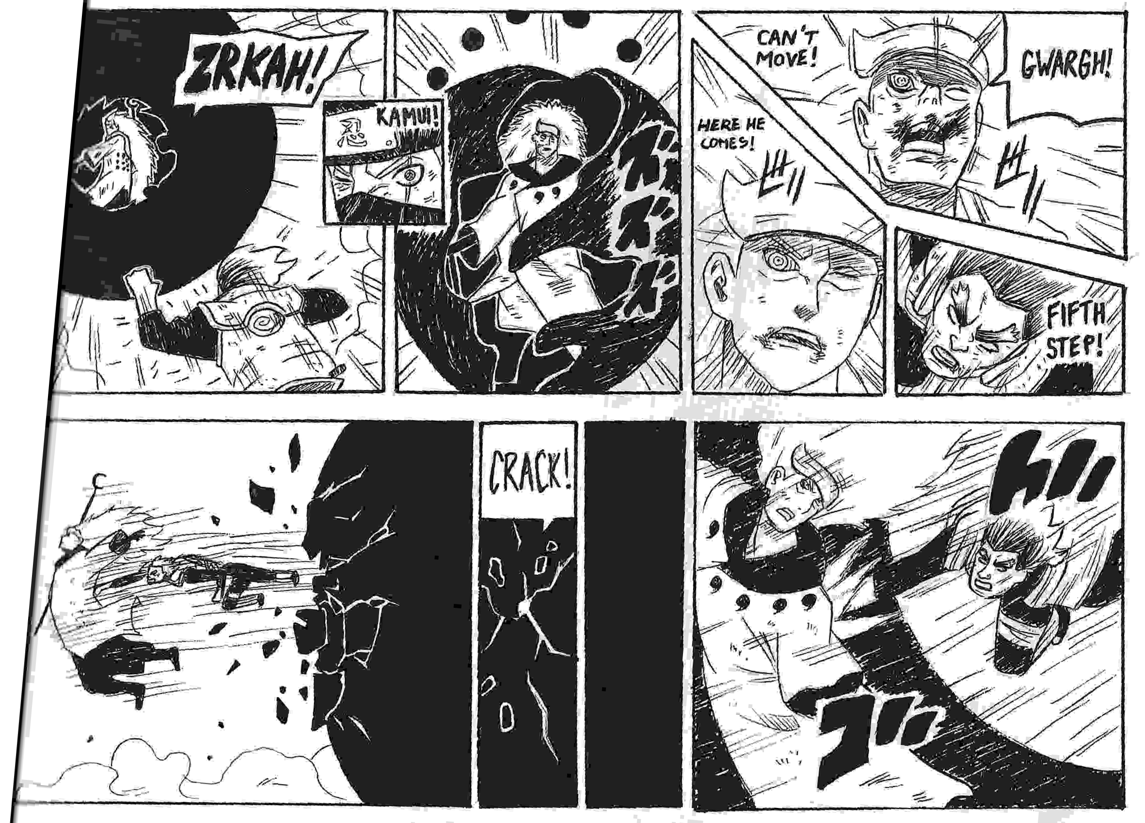 Cinquième planche d'un dessin du combat de Gaï Maito contre Madara du manga Naruto Shippuden